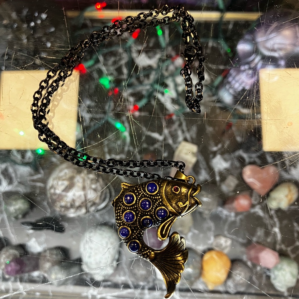 Gold and Blue Fish Pendant Necklace